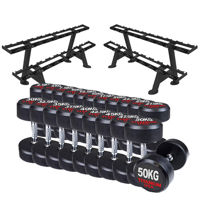 Titanium Pinch Racks TITANIUM USA 2.5 TO 50KG PRO STYLE DUMBBELL SET WITH RACKS – Commercial ...